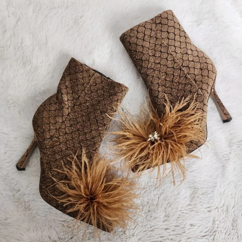 Sam Edelman Ency Feathered Ankle Booties Rhinestone Pointed Toe Brown Heeled 6.5